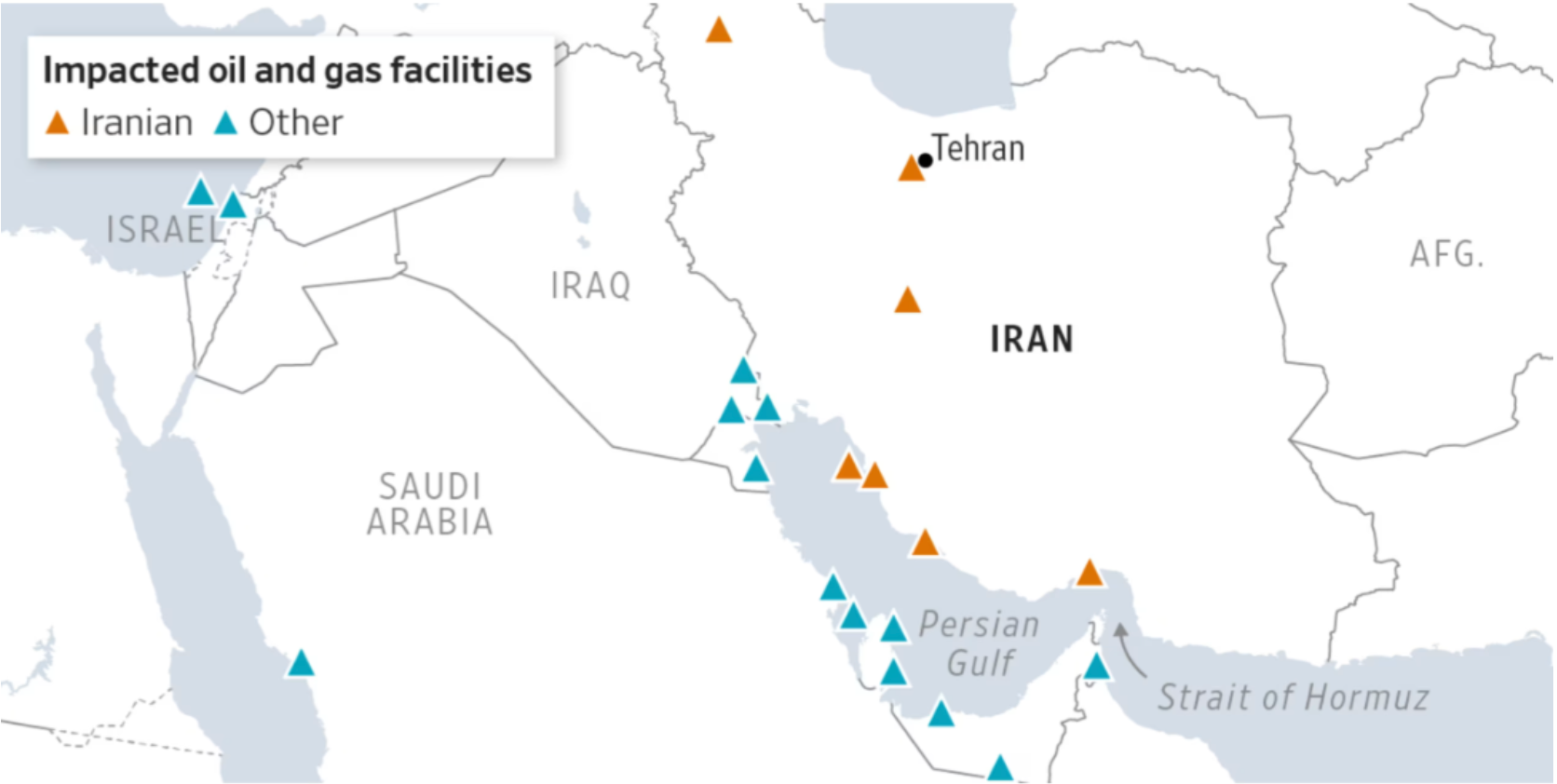 Map showing impacted oil and gas facilities across Iran and the Persian Gulf region.