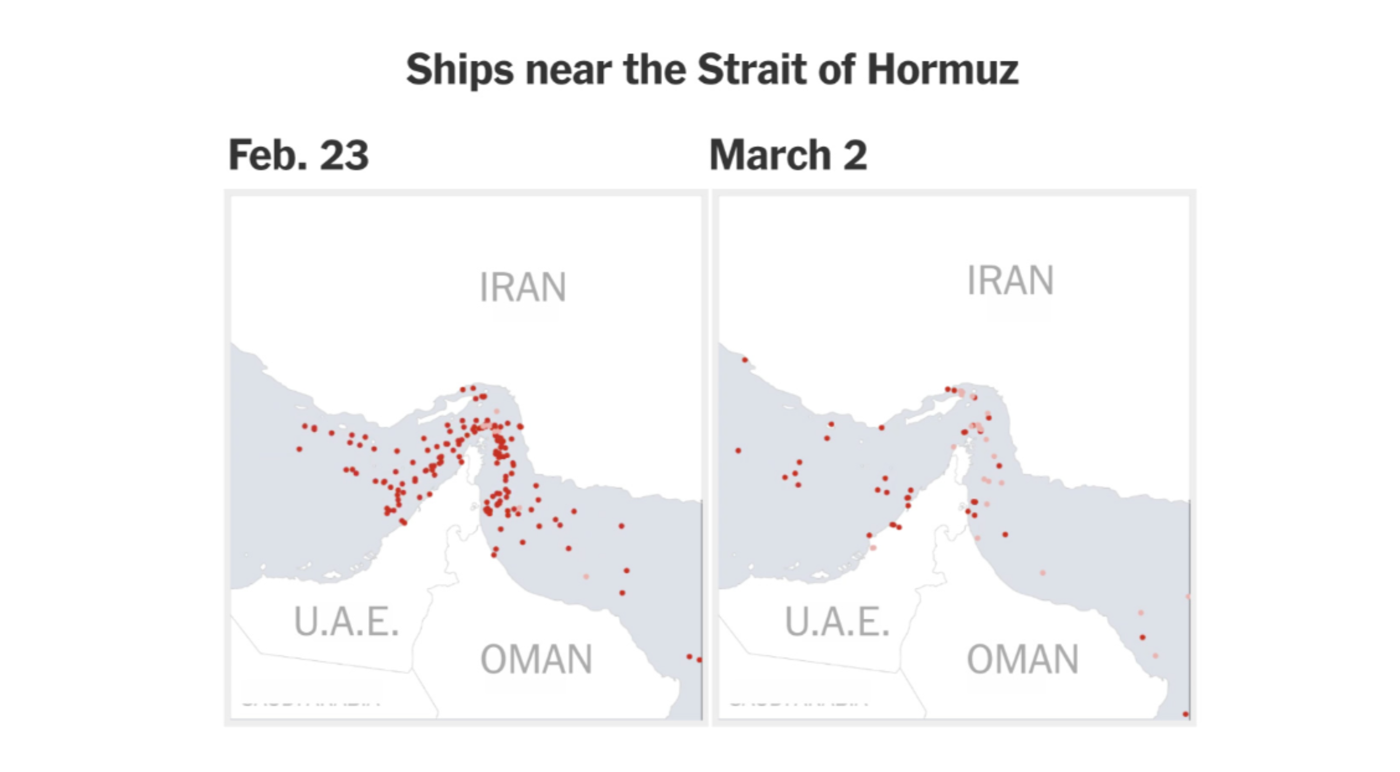 Side-by-side map showing fewer ships near the Strait of Hormuz after disruption.