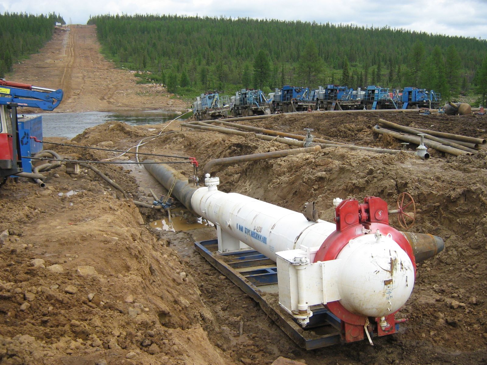 A section of the Eastern Siberia–Pacific Ocean oil pipeline crossing a river in Siberia.