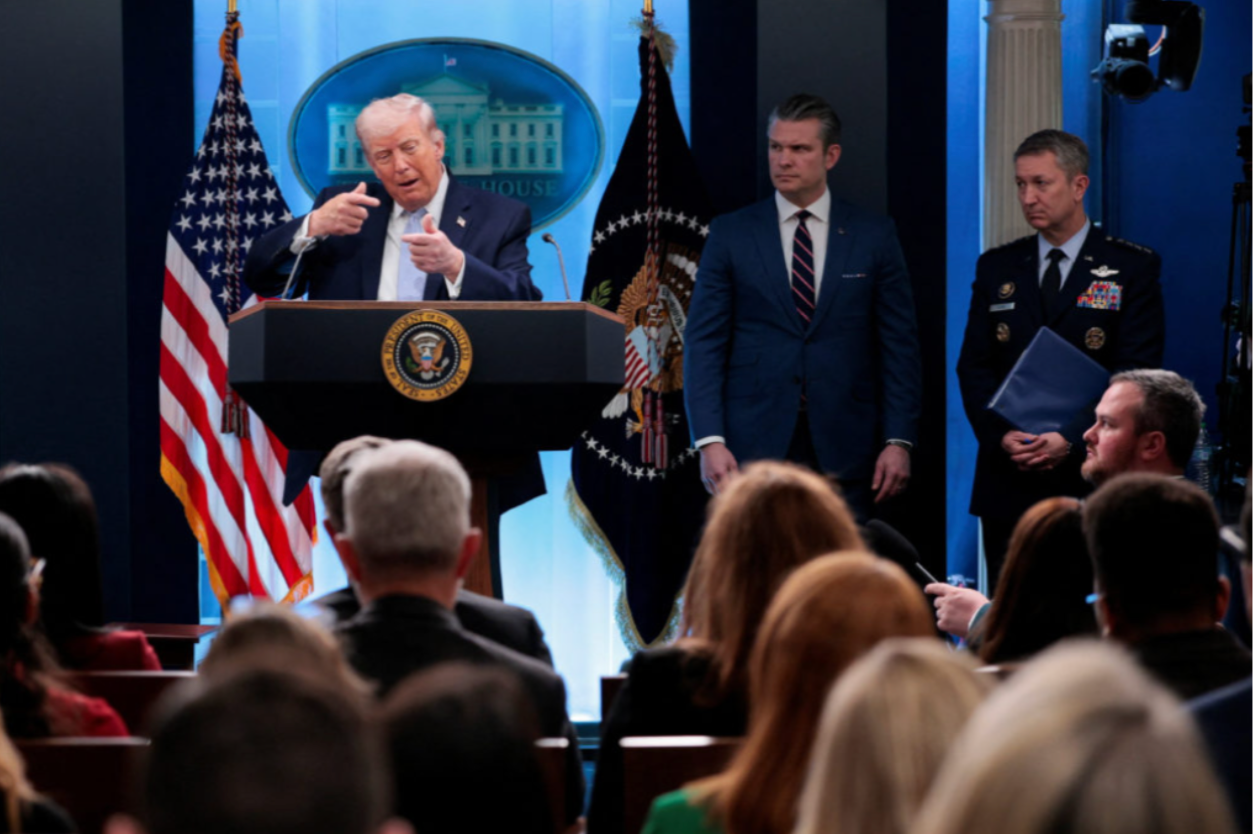 President Trump speaking at a White House briefing on the Iran conflict.