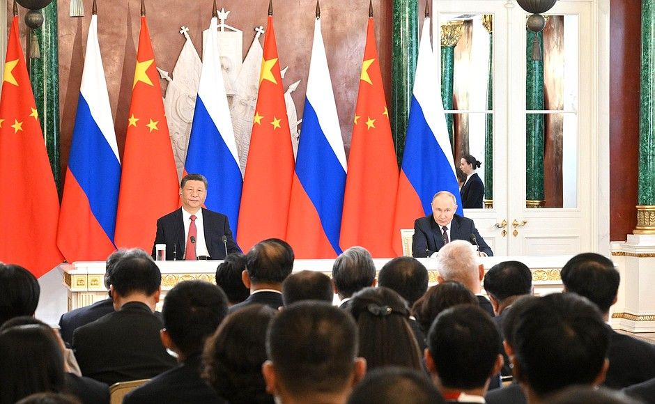 Xi Jinping and Vladimir Putin at a joint press conference in the Kremlin in 2025.